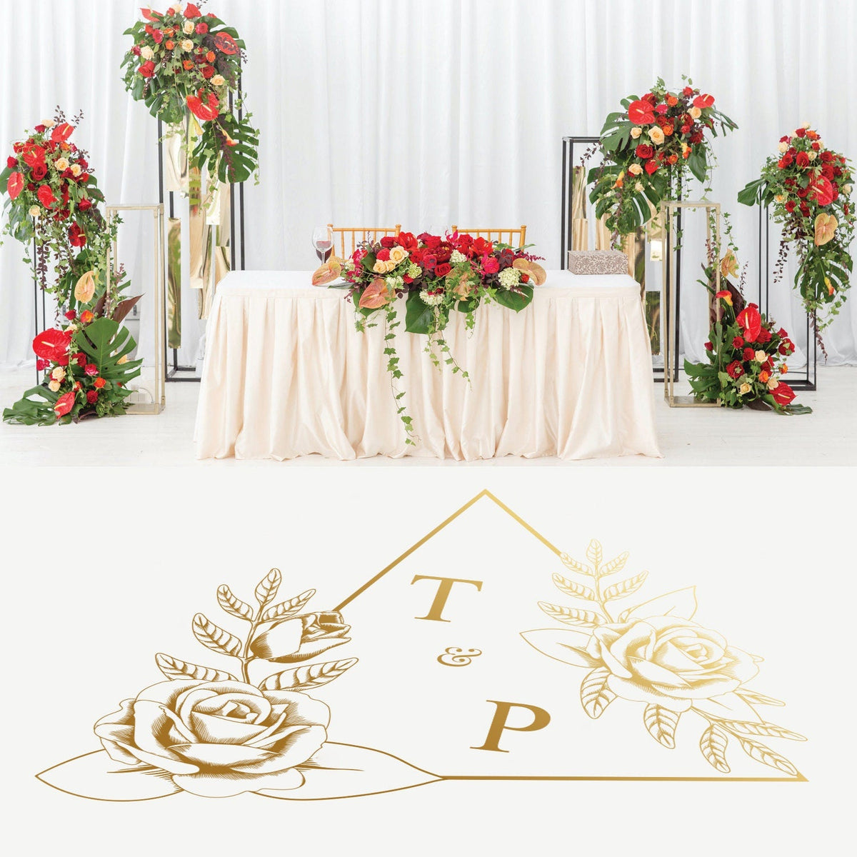 Triangle Rose Frame Dance Floor Decal for Wedding shown at a wedding reception