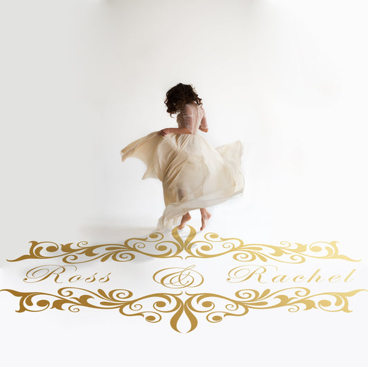 Scroll Cartouche Names Dance Floor Decal for Wedding in gold on a white wedding dance floor