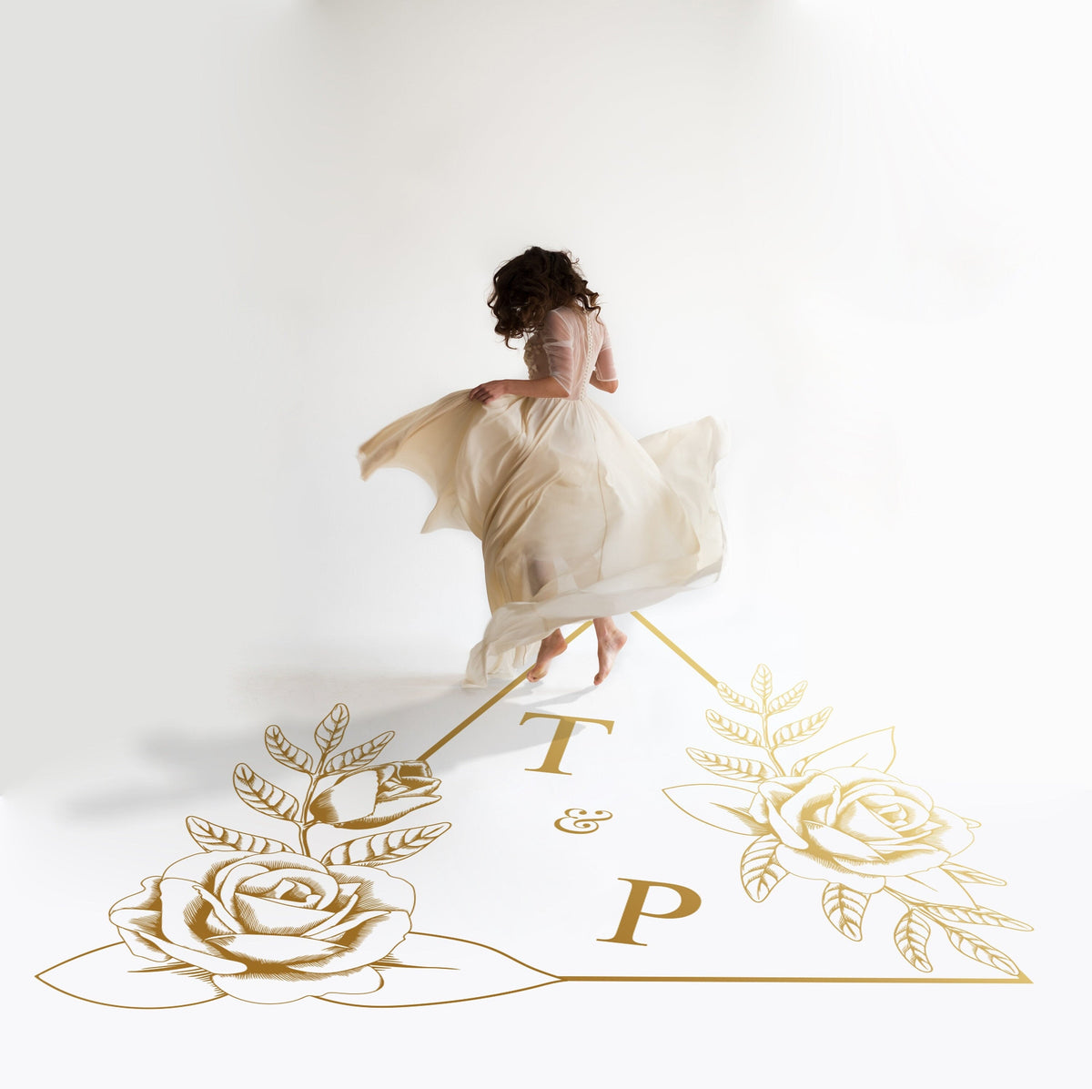 Triangle Rose Frame Dance Floor Decal for Wedding in gold on a white wedding dance floor