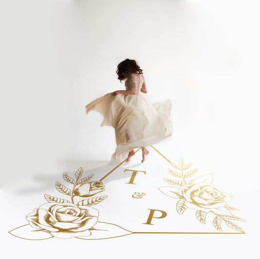 Triangle Rose Frame Dance Floor Decal for Wedding in gold on a white wedding dance floor