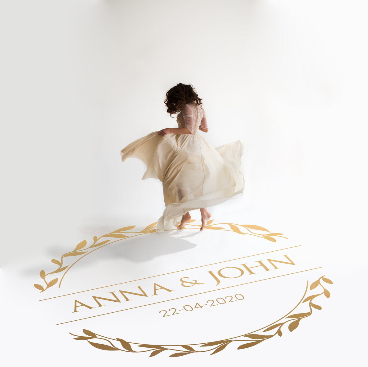 Vine Circle Banner Dance Floor Decal for Wedding in gold on a white wedding dance floor