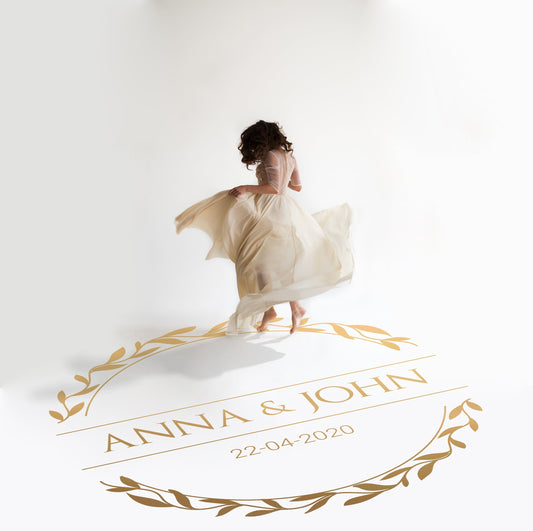 Vine Circle Banner Dance Floor Decal for Wedding in gold on a white wedding dance floor