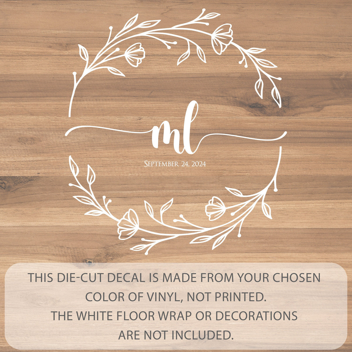 Split Floral Wreath Dance Floor Decal for Wedding shown at a wedding reception