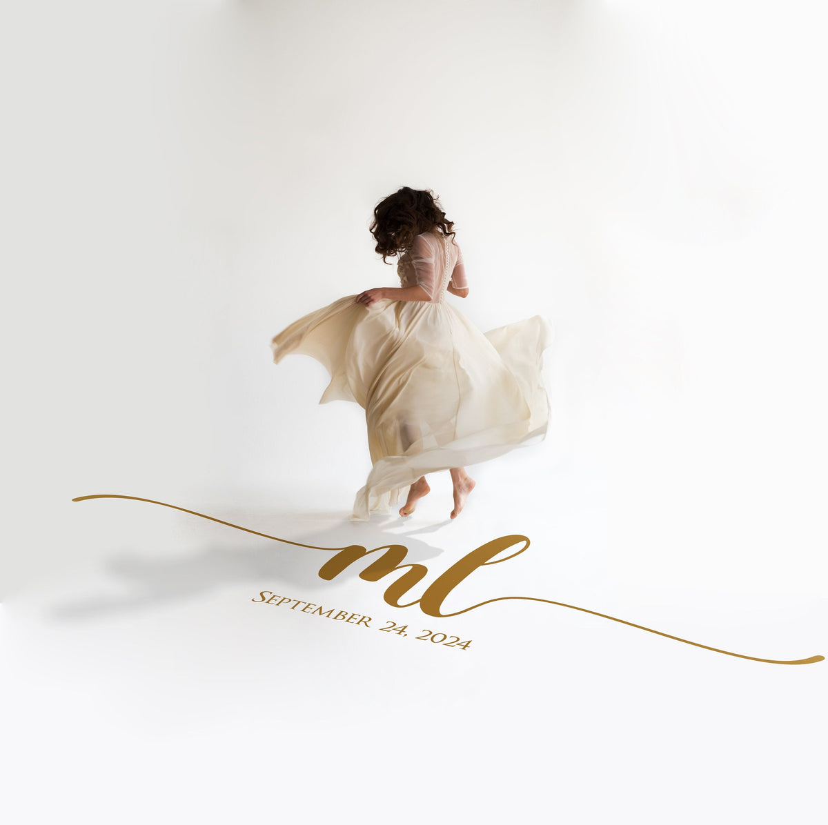 Lowercase Initials Dance Floor Decal for Wedding in gold on a white wedding dance floor