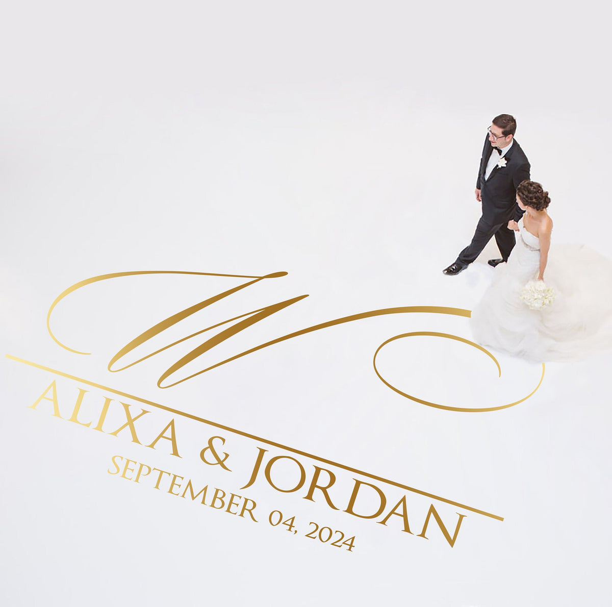 Grand Initial Names Dance Floor Decal for Wedding shown at a wedding reception