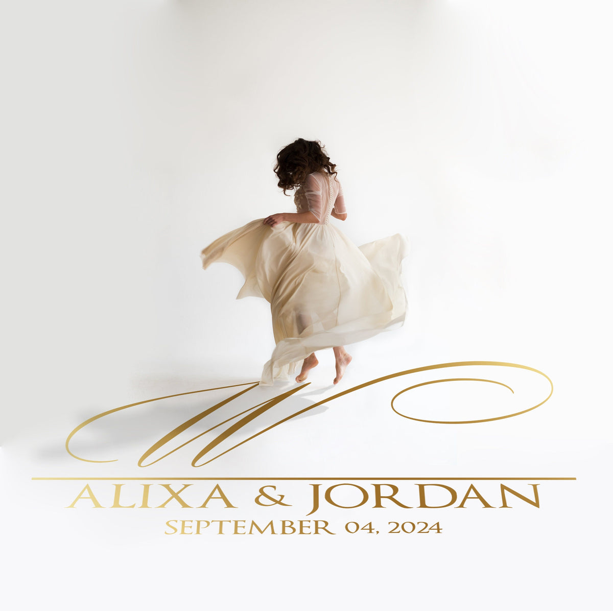 Grand Initial Names Dance Floor Decal for Wedding in gold on a white wedding dance floor