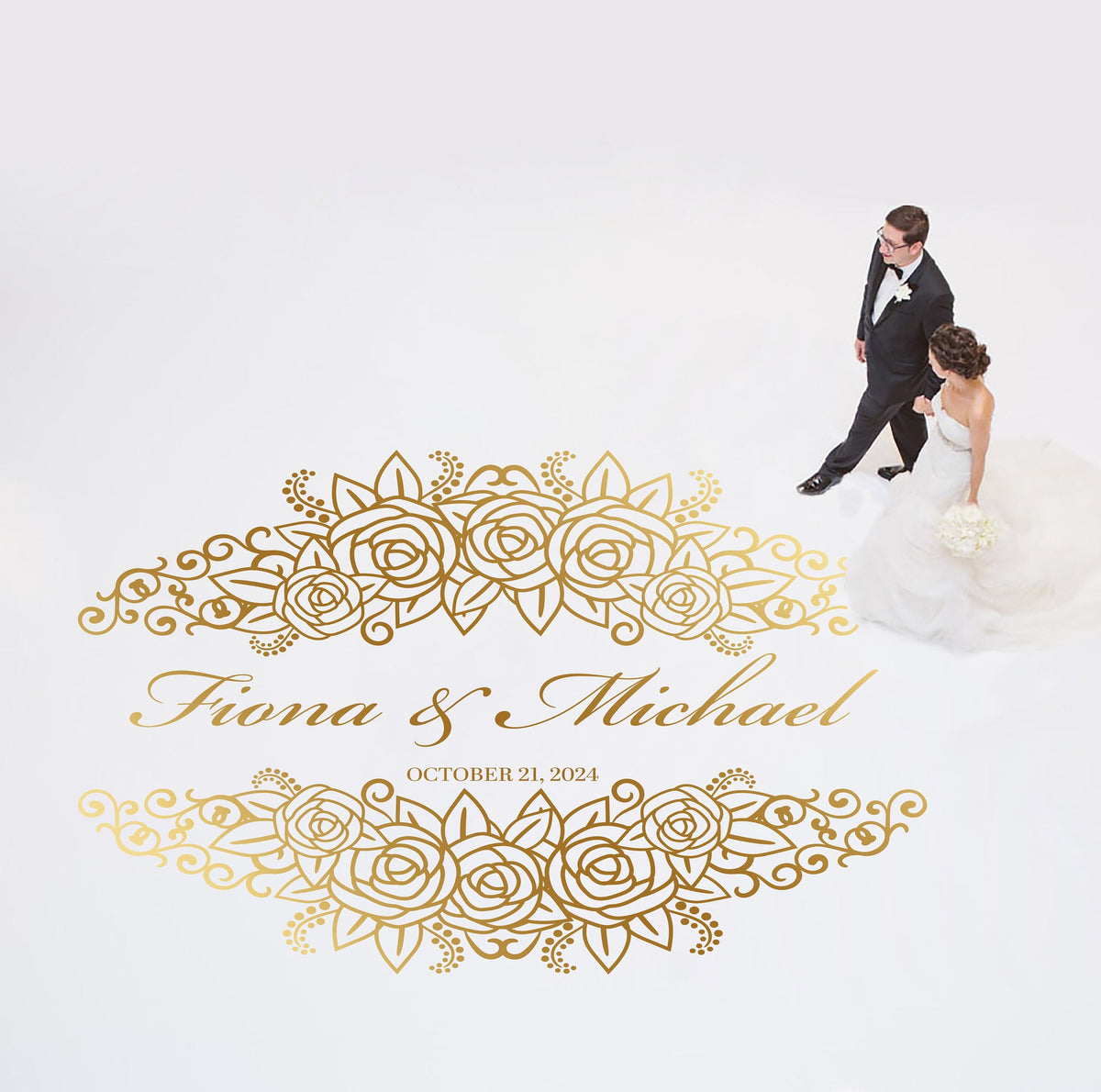 Rose Garland Names Dance Floor Decal for Wedding shown at a wedding reception