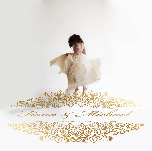 Rose Garland Names Dance Floor Decal for Wedding in gold on a white wedding dance floor