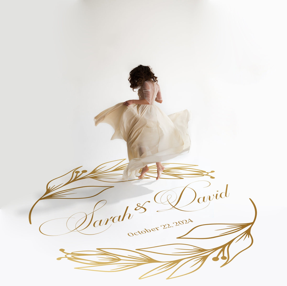 Copperplate Script Dance Floor Decal for Wedding in gold on a white wedding dance floor