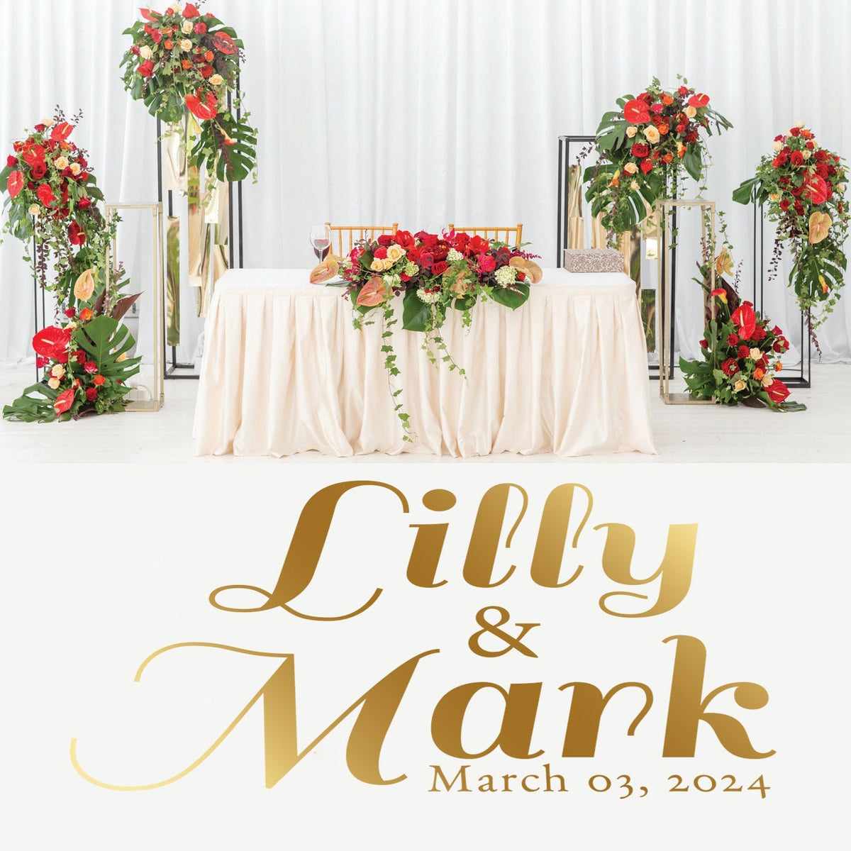 Bold Glam Script Dance Floor Decal for Wedding shown at a wedding reception