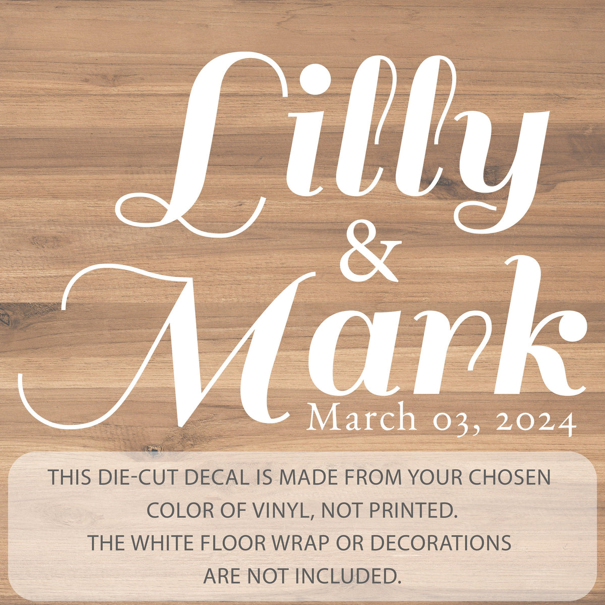 Bold Glam Script Dance Floor Decal for Wedding shown at a wedding reception