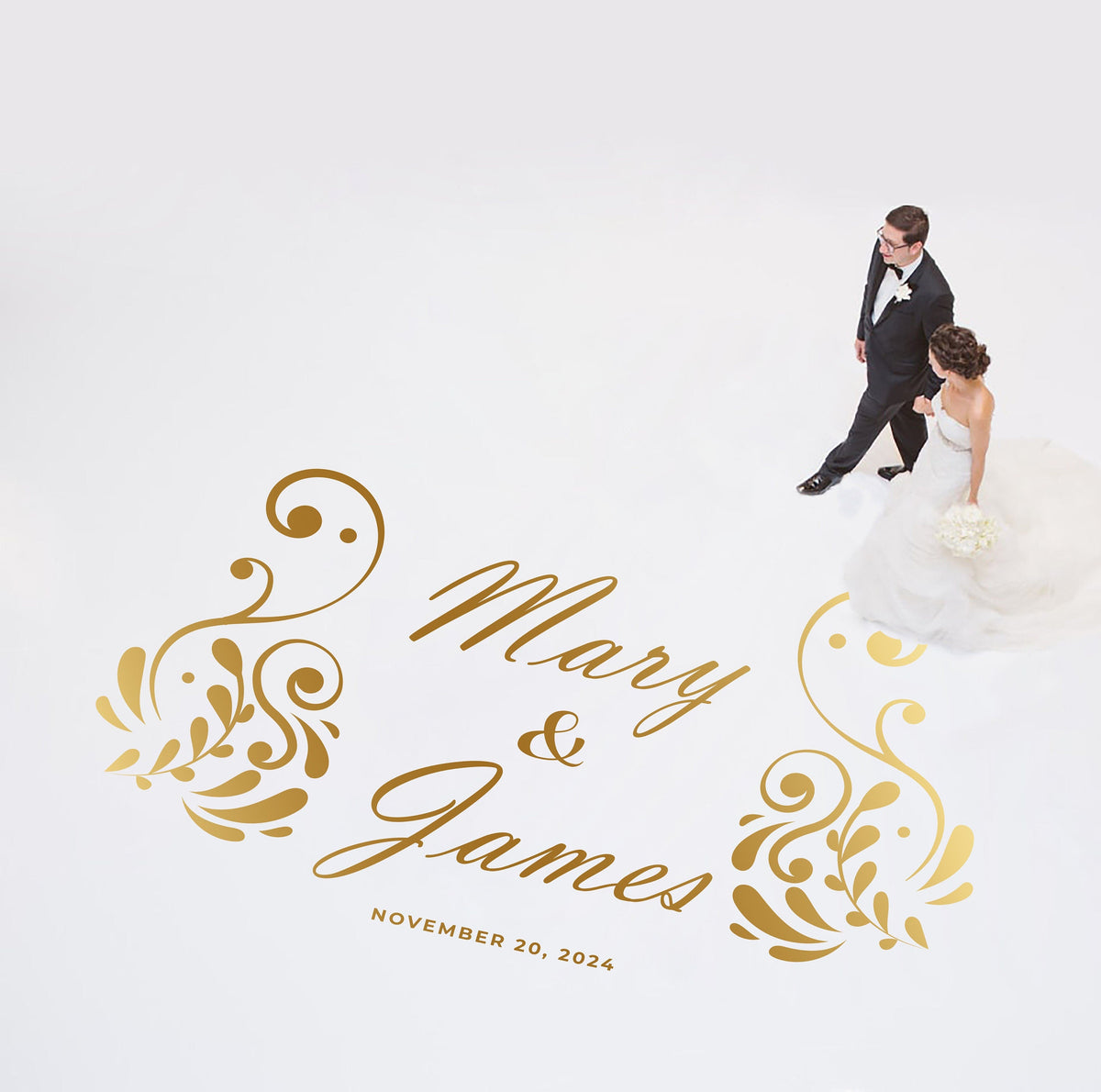 Paisley Swirl Names Dance Floor Decal for Wedding shown at a wedding reception