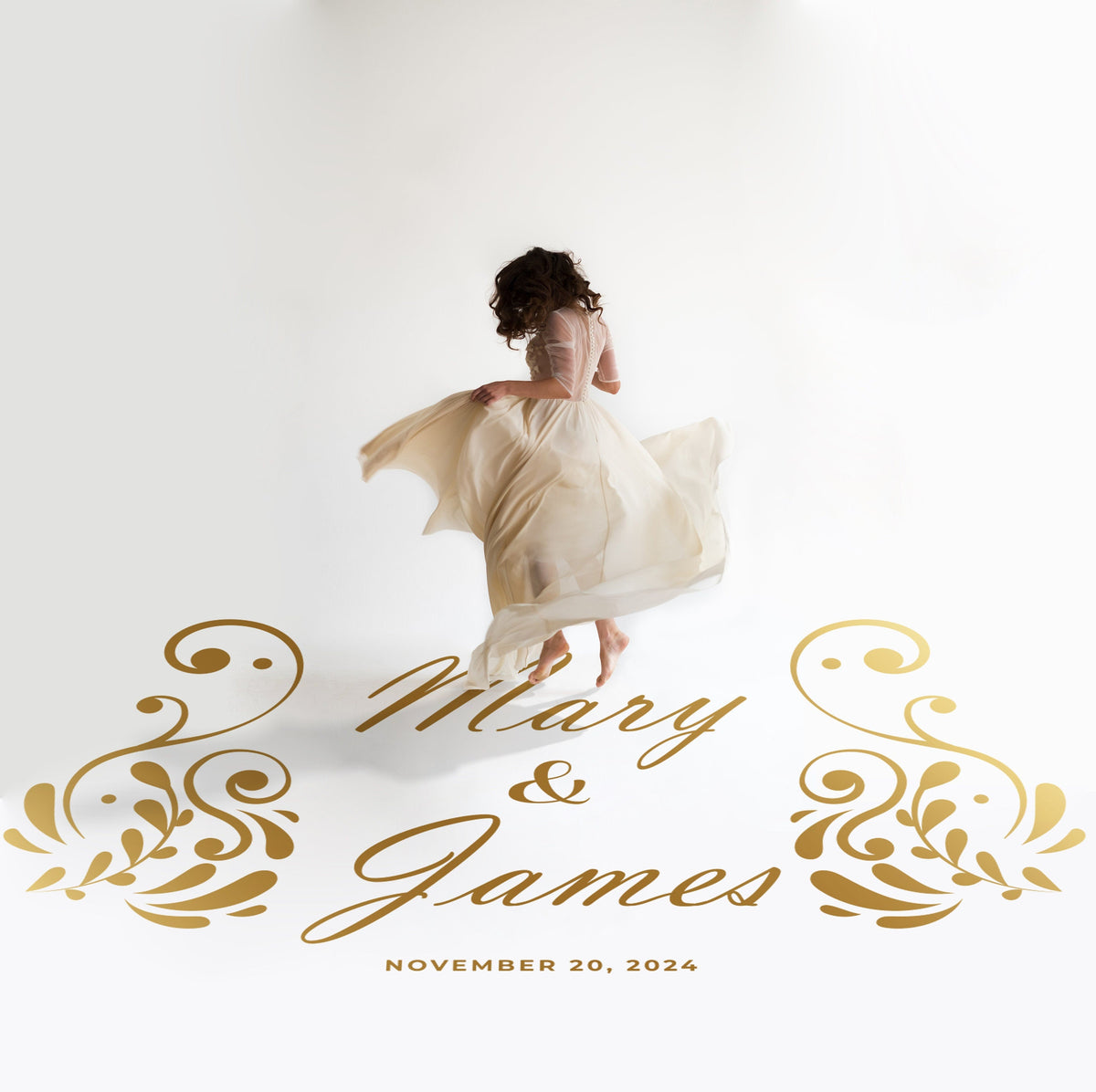 Paisley Swirl Names Dance Floor Decal for Wedding in gold on a white wedding dance floor