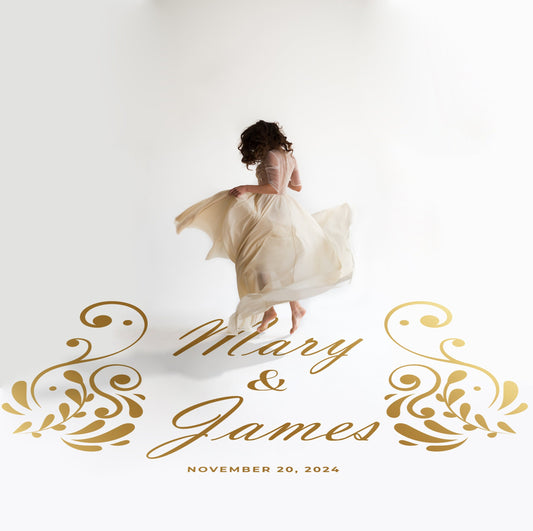 Paisley Swirl Names Dance Floor Decal for Wedding in gold on a white wedding dance floor