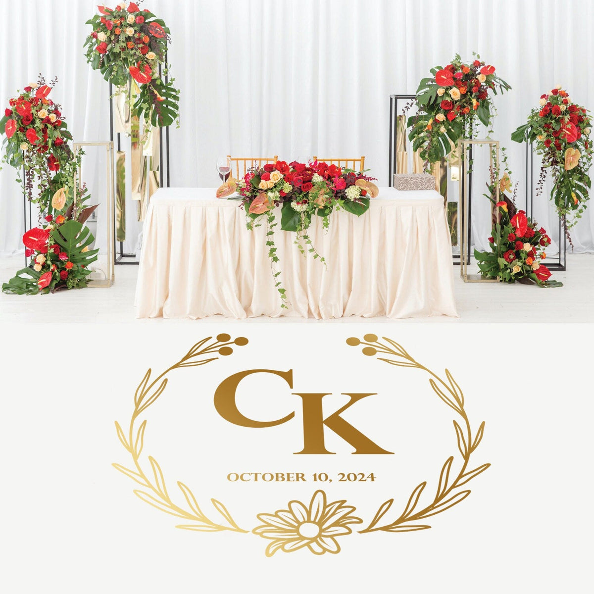 Daisy Wreath Monogram Dance Floor Decal for Wedding shown at a wedding reception