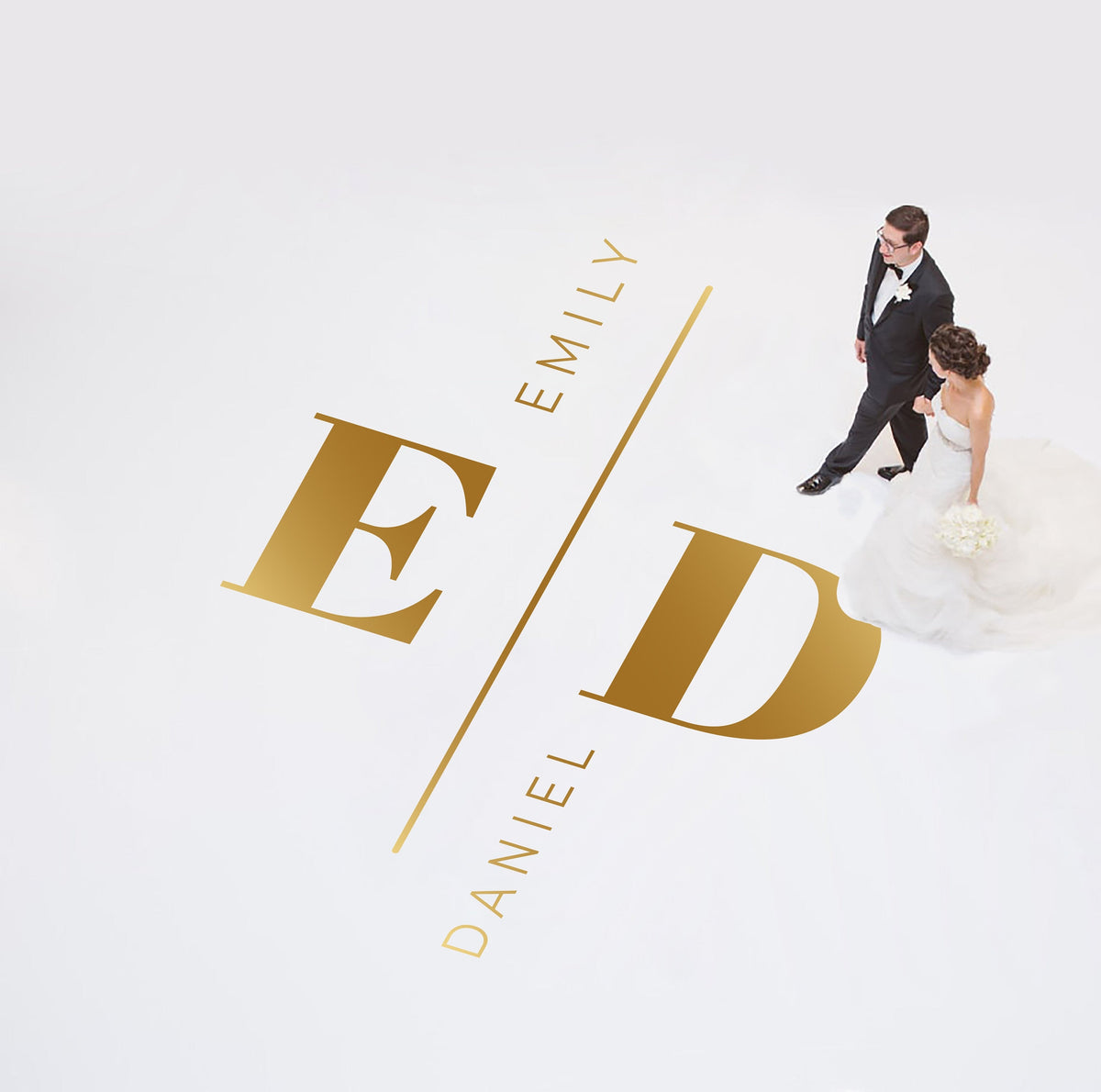 Vertical Divider Initials Dance Floor Decal for Wedding shown at a wedding reception