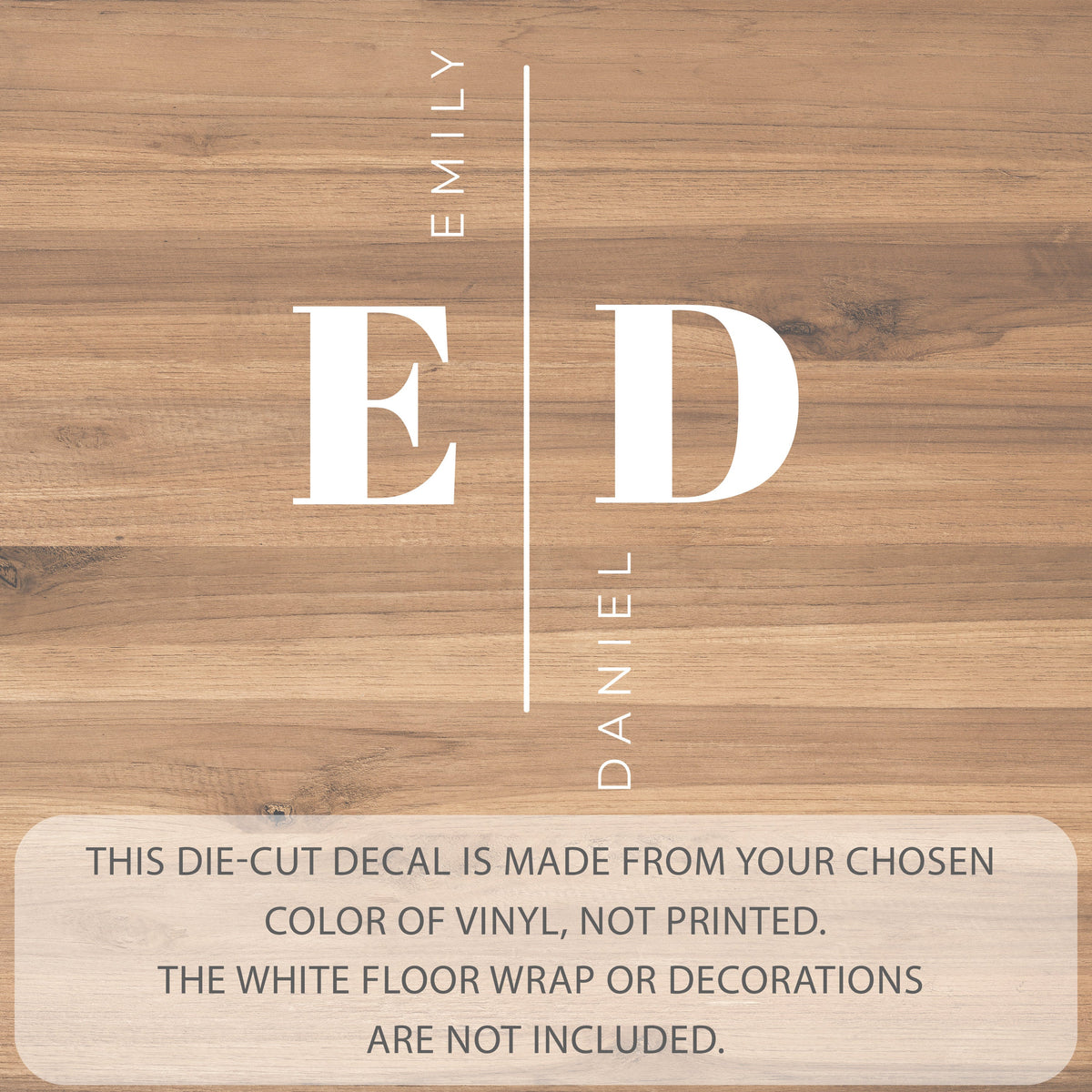 Vertical Divider Initials Dance Floor Decal for Wedding shown at a wedding reception