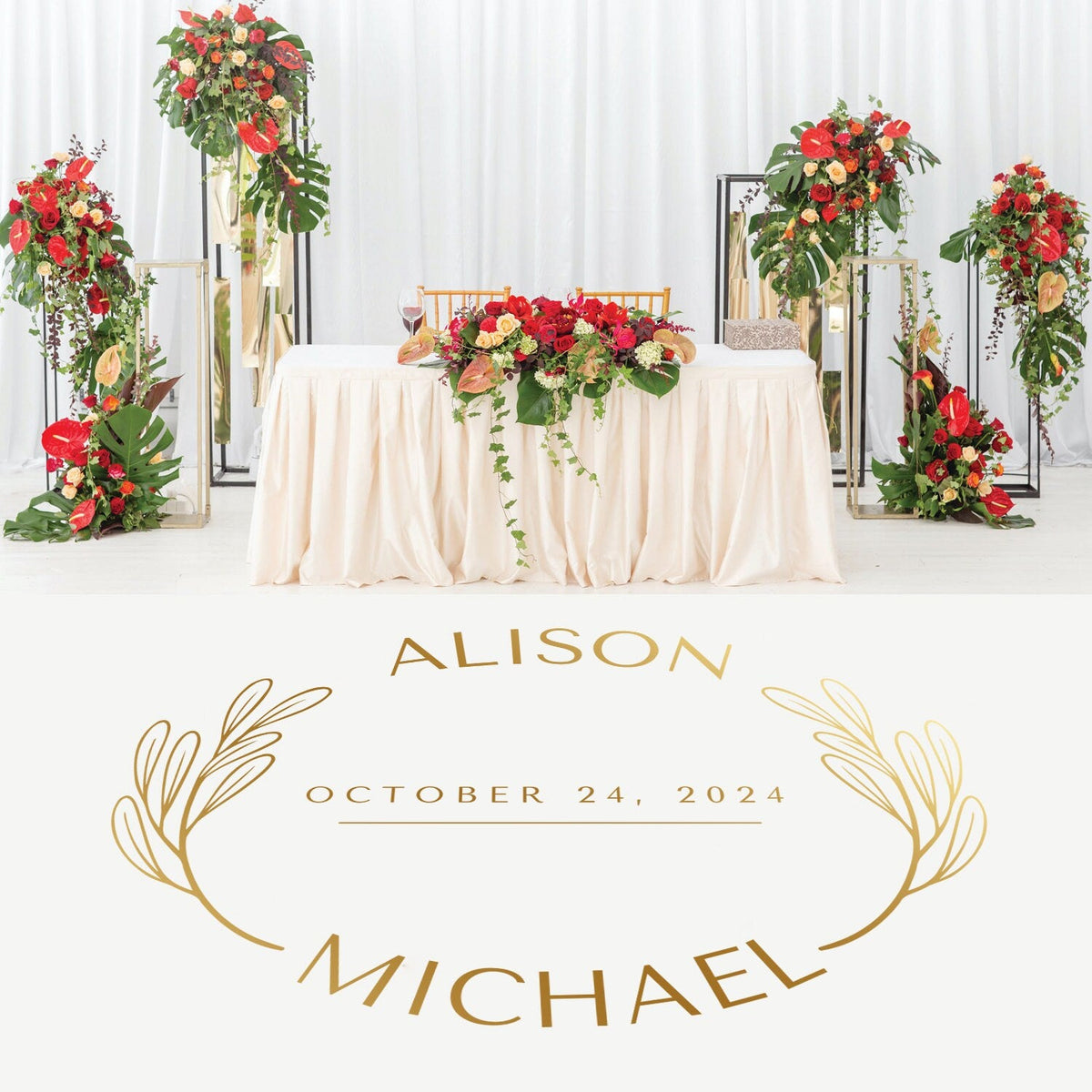 Curved Names Oval Dance Floor Decal for Wedding shown at a wedding reception
