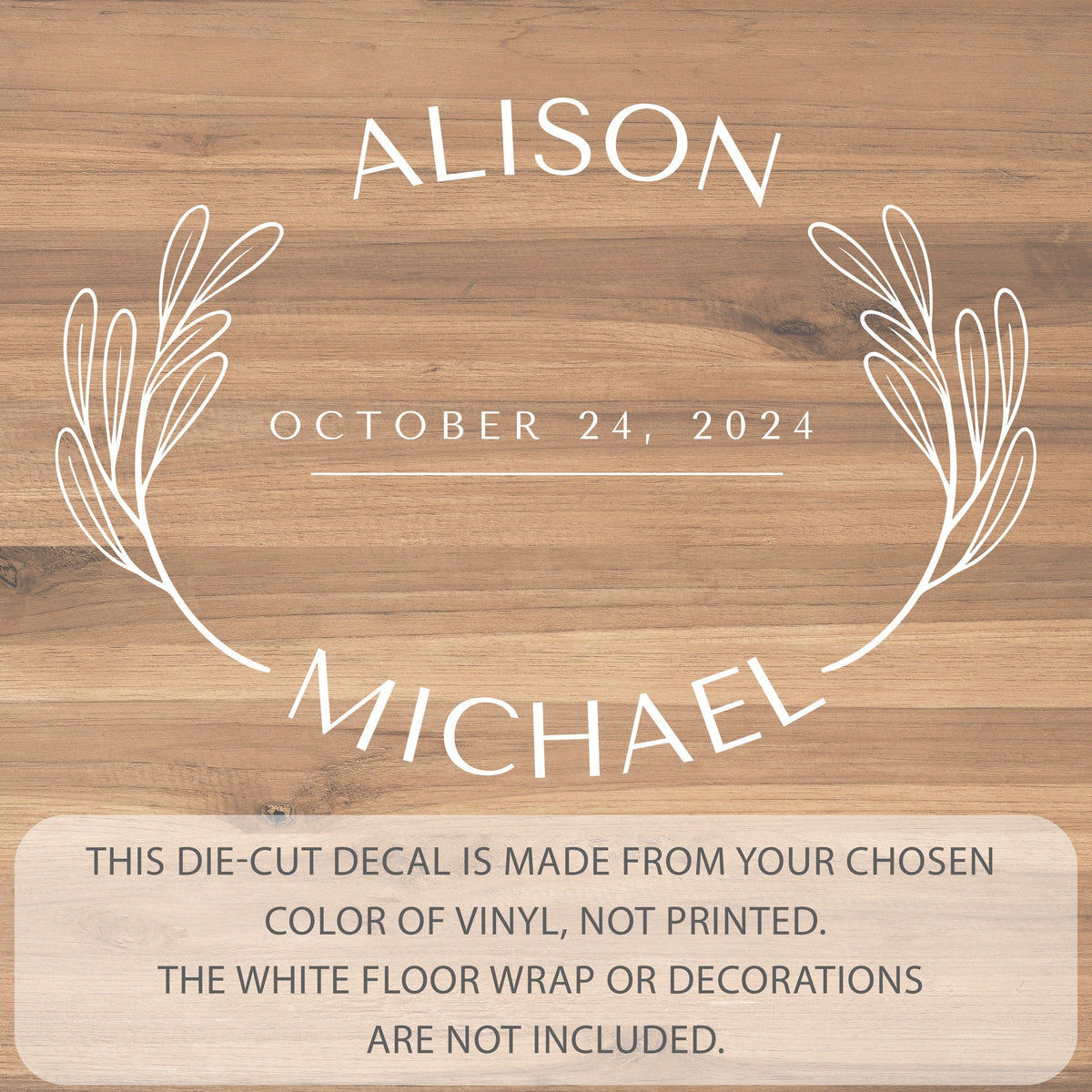 Curved Names Oval Dance Floor Decal for Wedding shown at a wedding reception