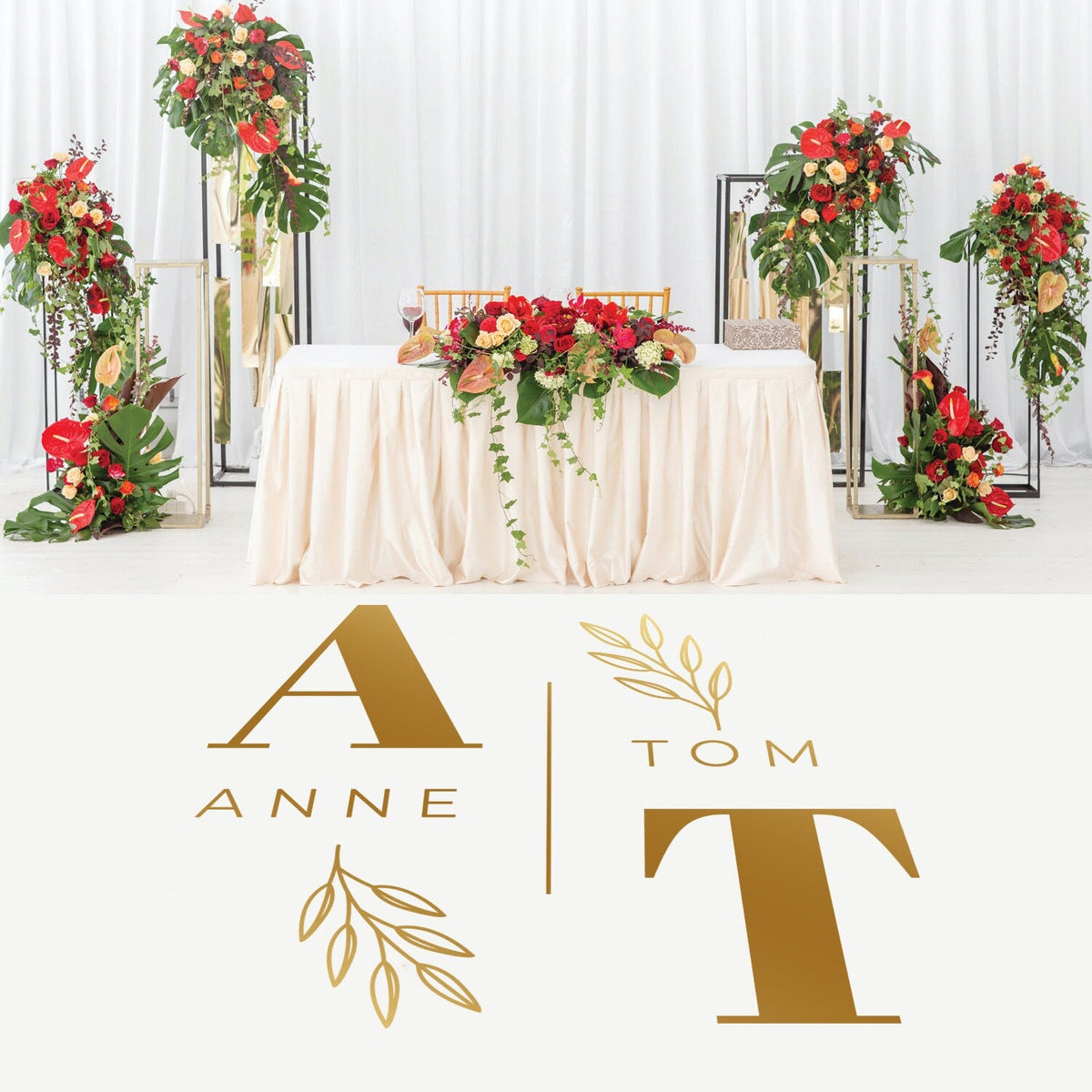 Arched Names Rose Stem Dance Floor Decal for Wedding shown at a wedding reception