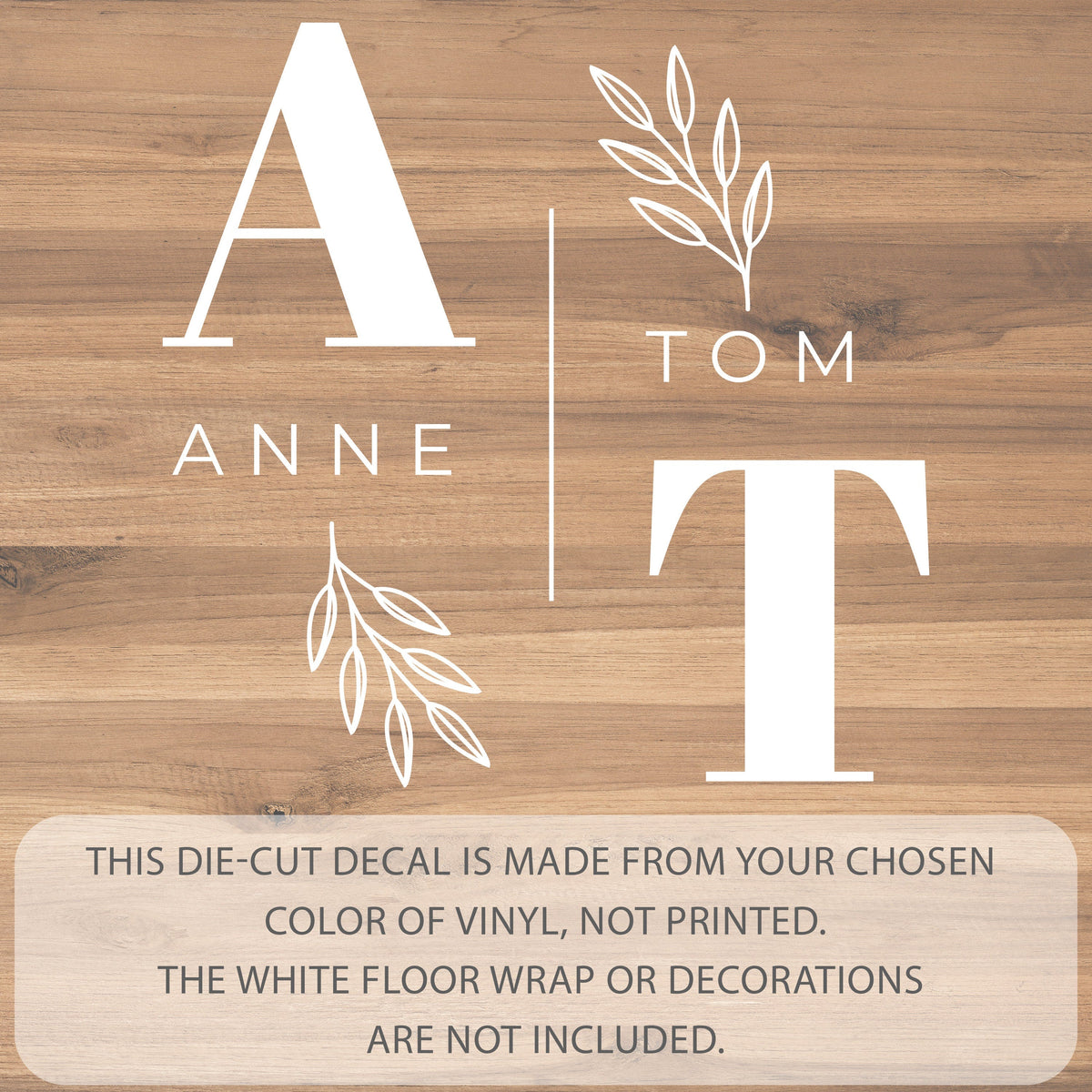 Arched Names Rose Stem Dance Floor Decal for Wedding shown at a wedding reception