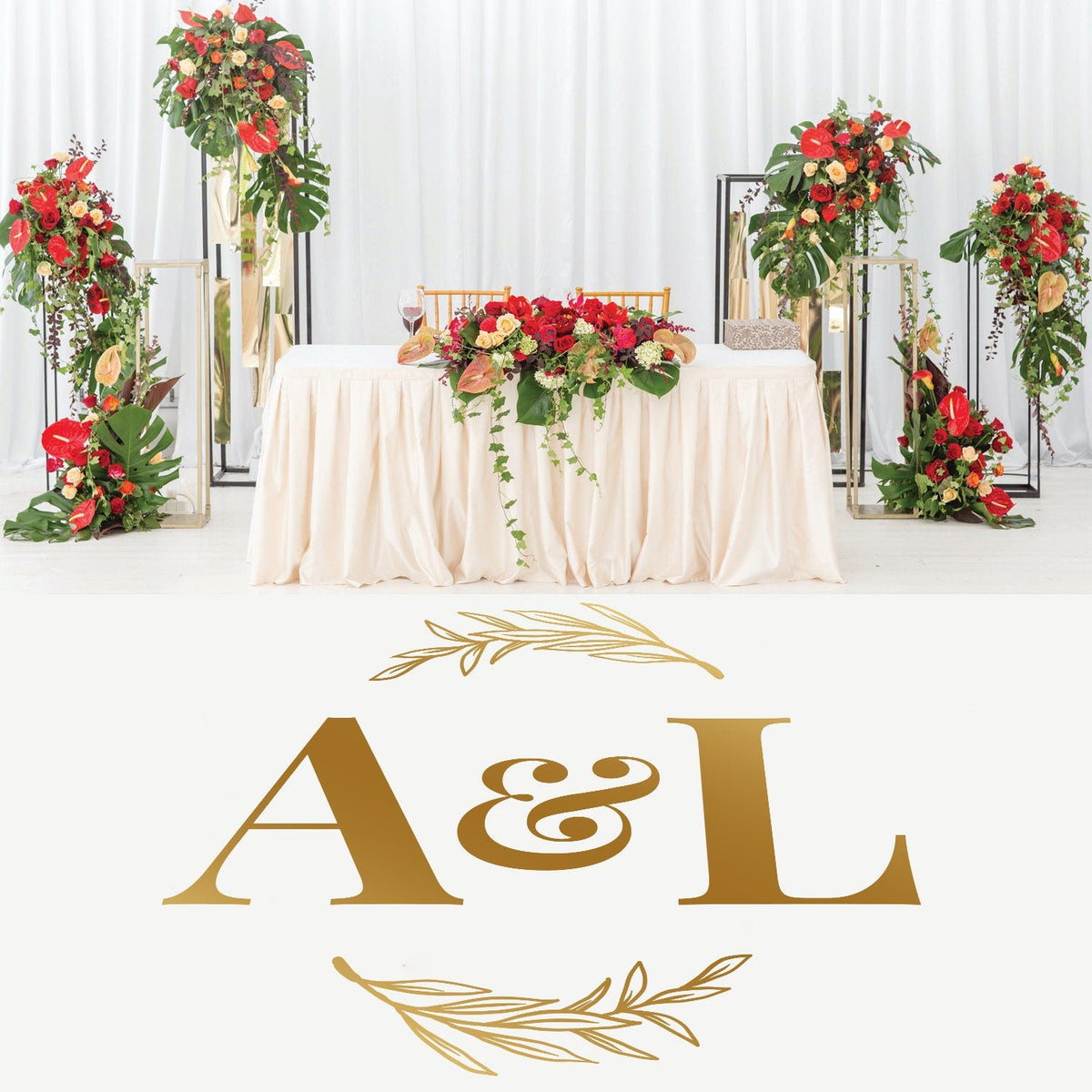 Bold Ampersand Initials Dance Floor Decal for Wedding shown at a wedding reception