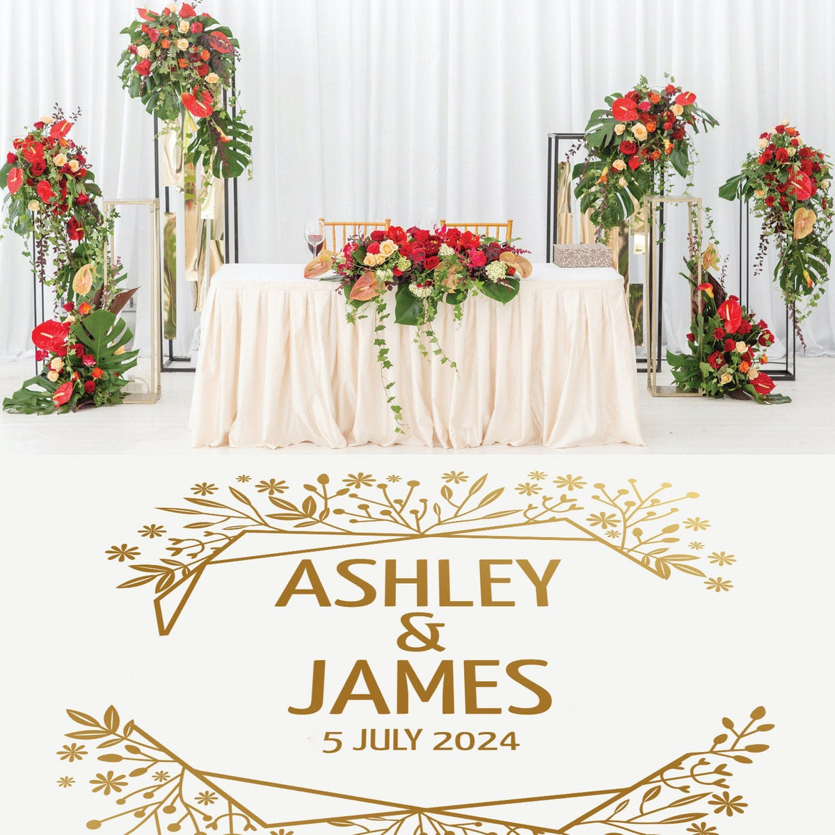 Wildflower Geo Crest Dance Floor Decal for Wedding shown at a wedding reception