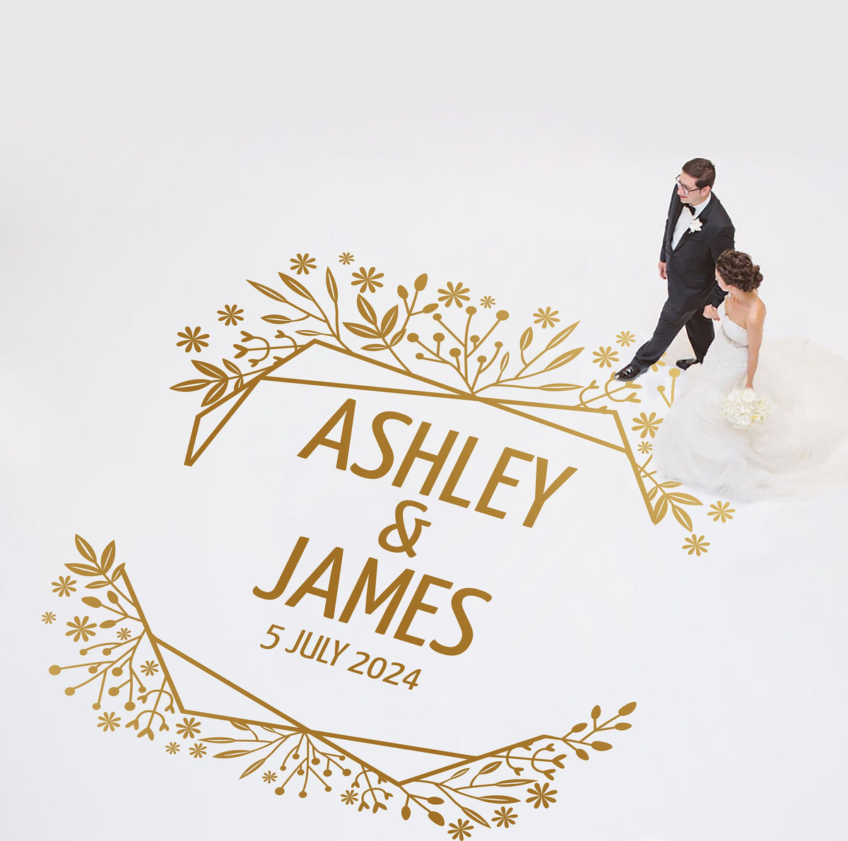 Wildflower Geo Crest Dance Floor Decal for Wedding shown at a wedding reception