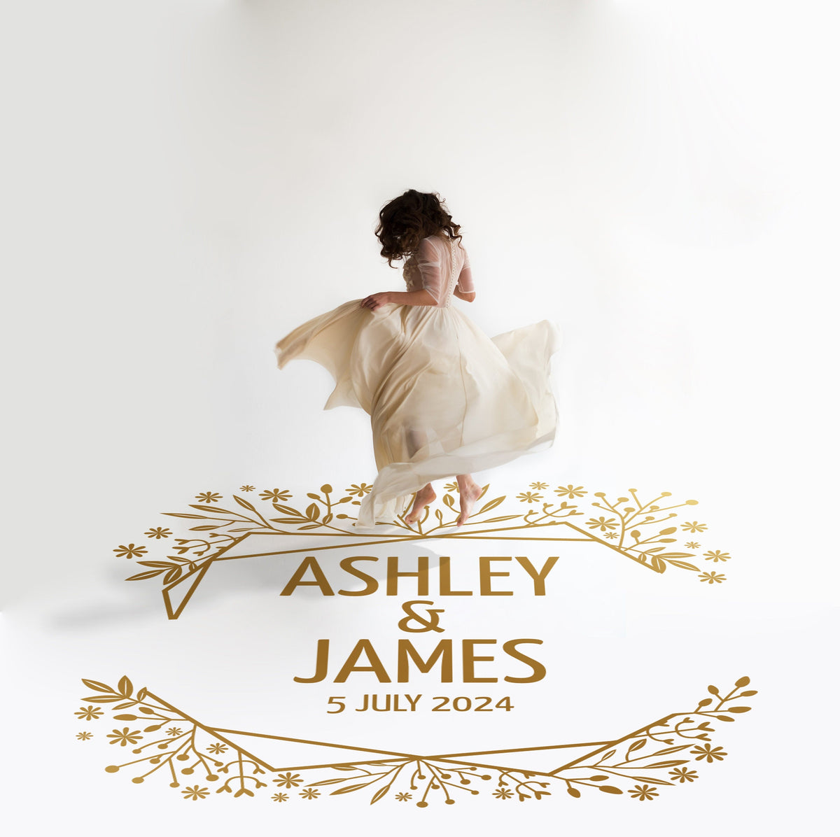 Wildflower Geo Crest Dance Floor Decal for Wedding in gold on a white wedding dance floor