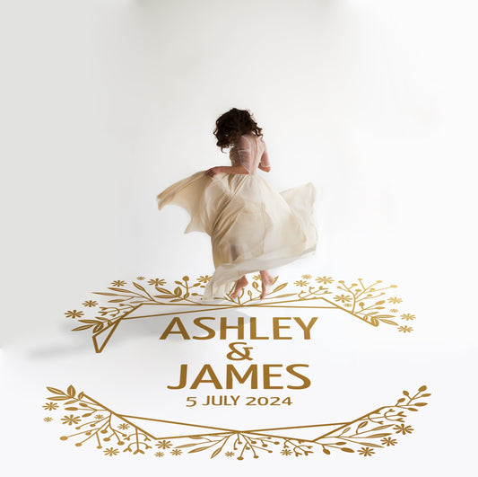 Wildflower Geo Crest Dance Floor Decal for Wedding in gold on a white wedding dance floor