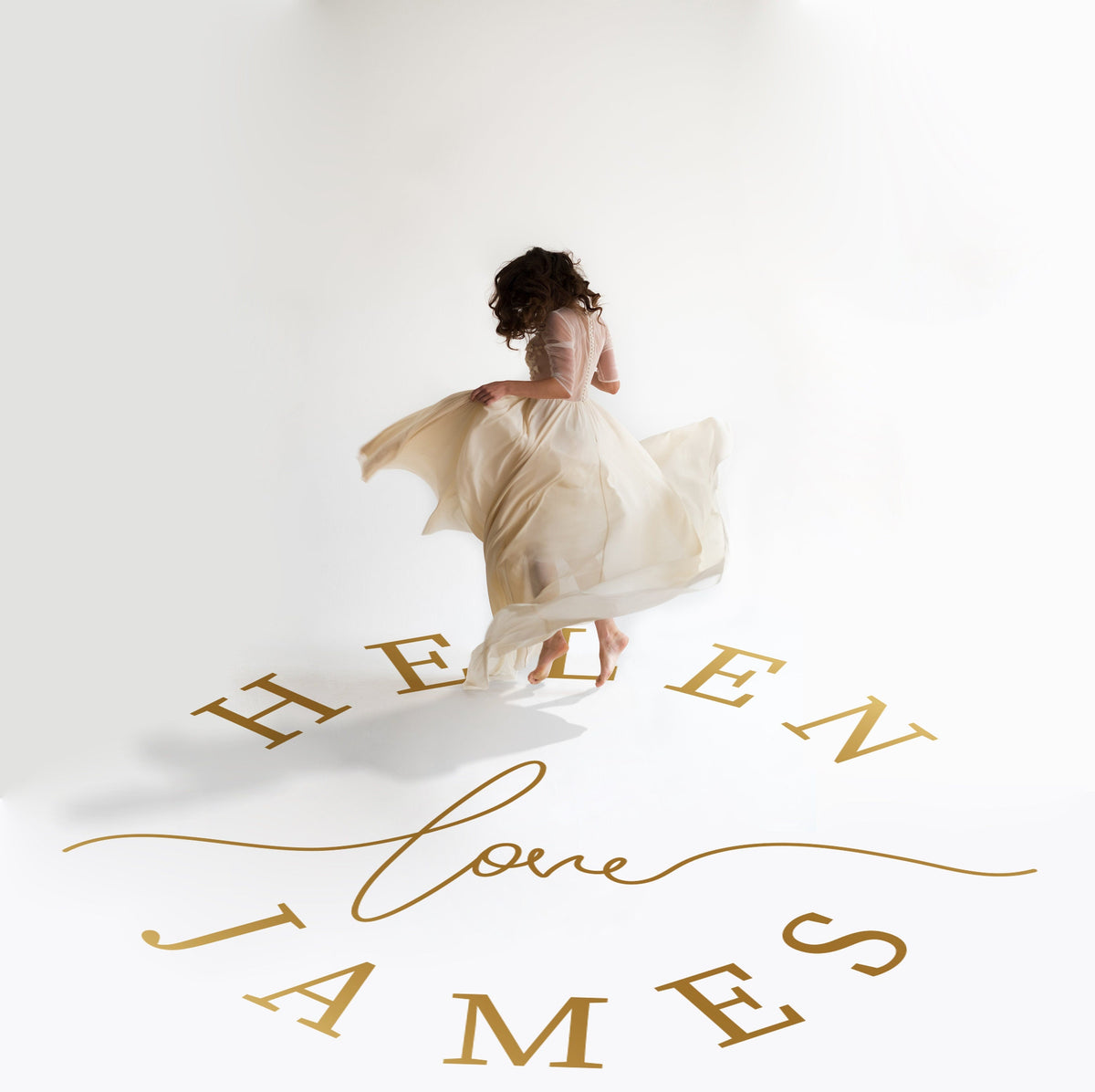 Circle Love Script Dance Floor Decal for Wedding in gold on a white wedding dance floor