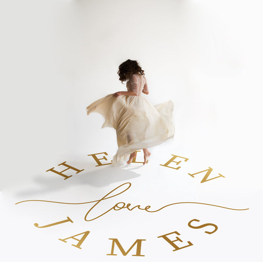 Circle Love Script Dance Floor Decal for Wedding in gold on a white wedding dance floor