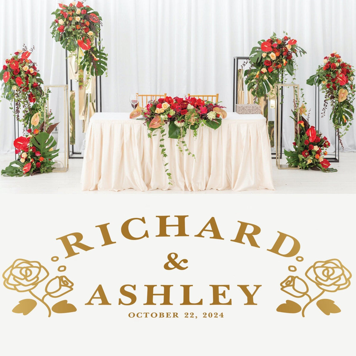 Arched Names Rose Stem Dance Floor Decal for Wedding shown at a wedding reception