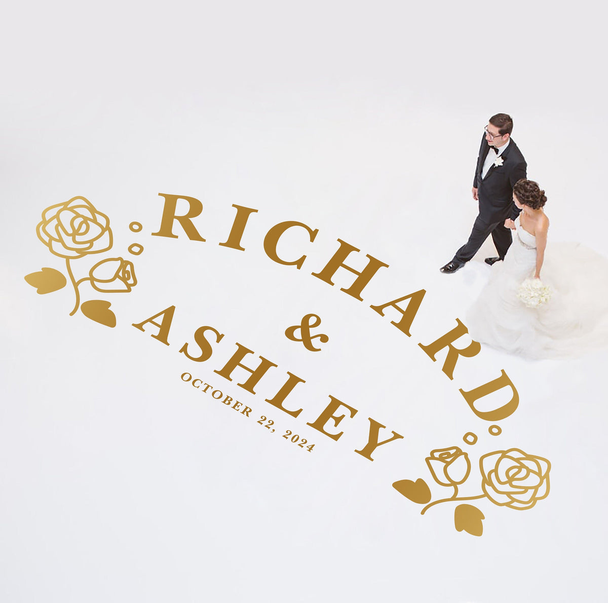 Arched Names Rose Stem Dance Floor Decal for Wedding shown at a wedding reception