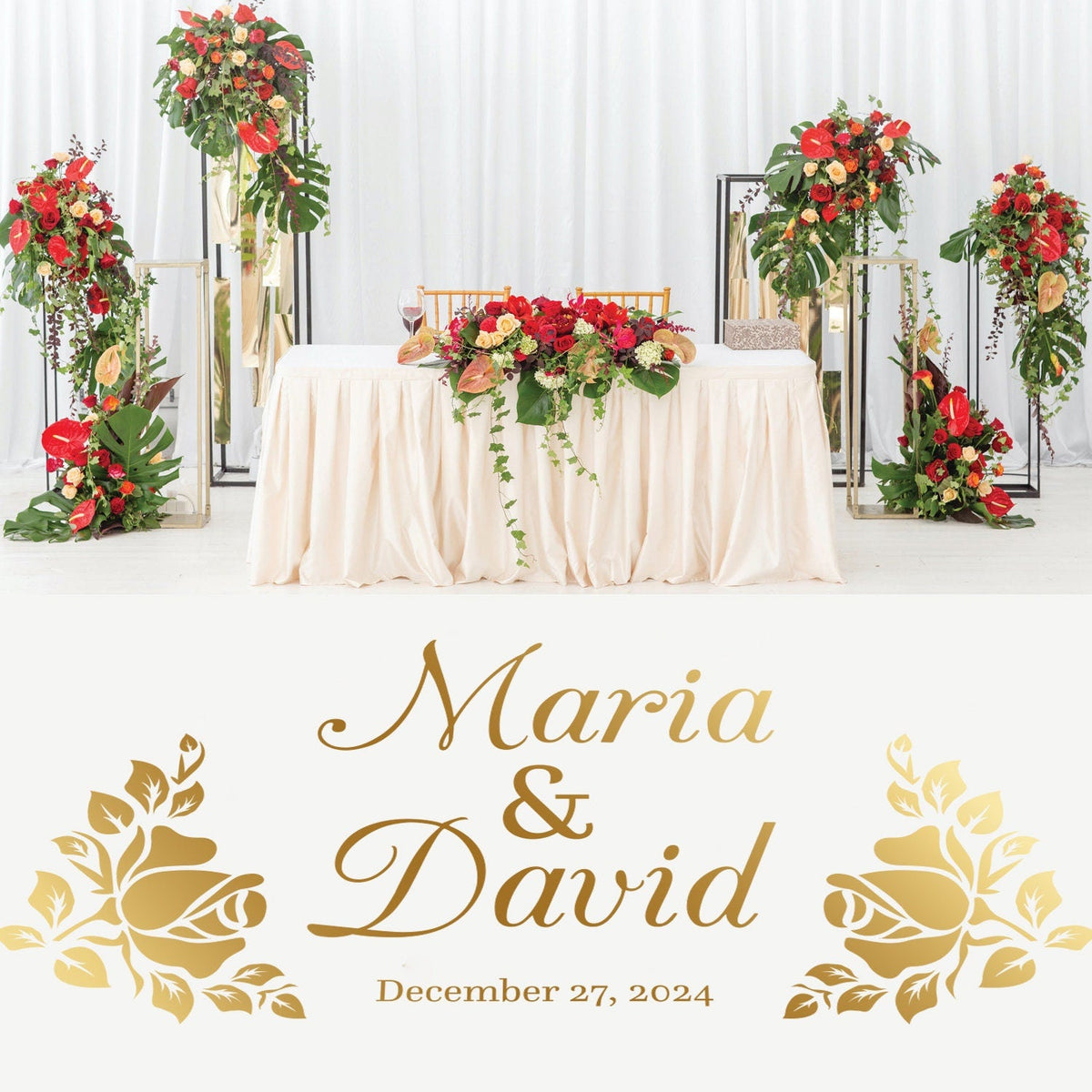 Rose Bouquet Script Dance Floor Decal for Wedding shown at a wedding reception