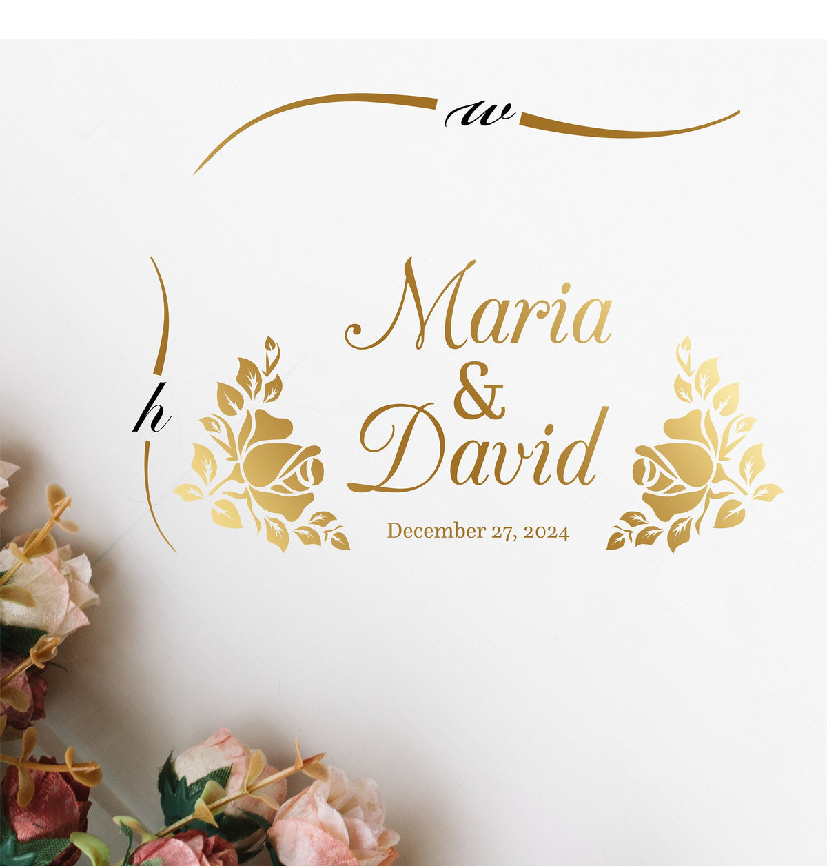 Rose Bouquet Script Dance Floor Decal for Wedding shown at a wedding reception