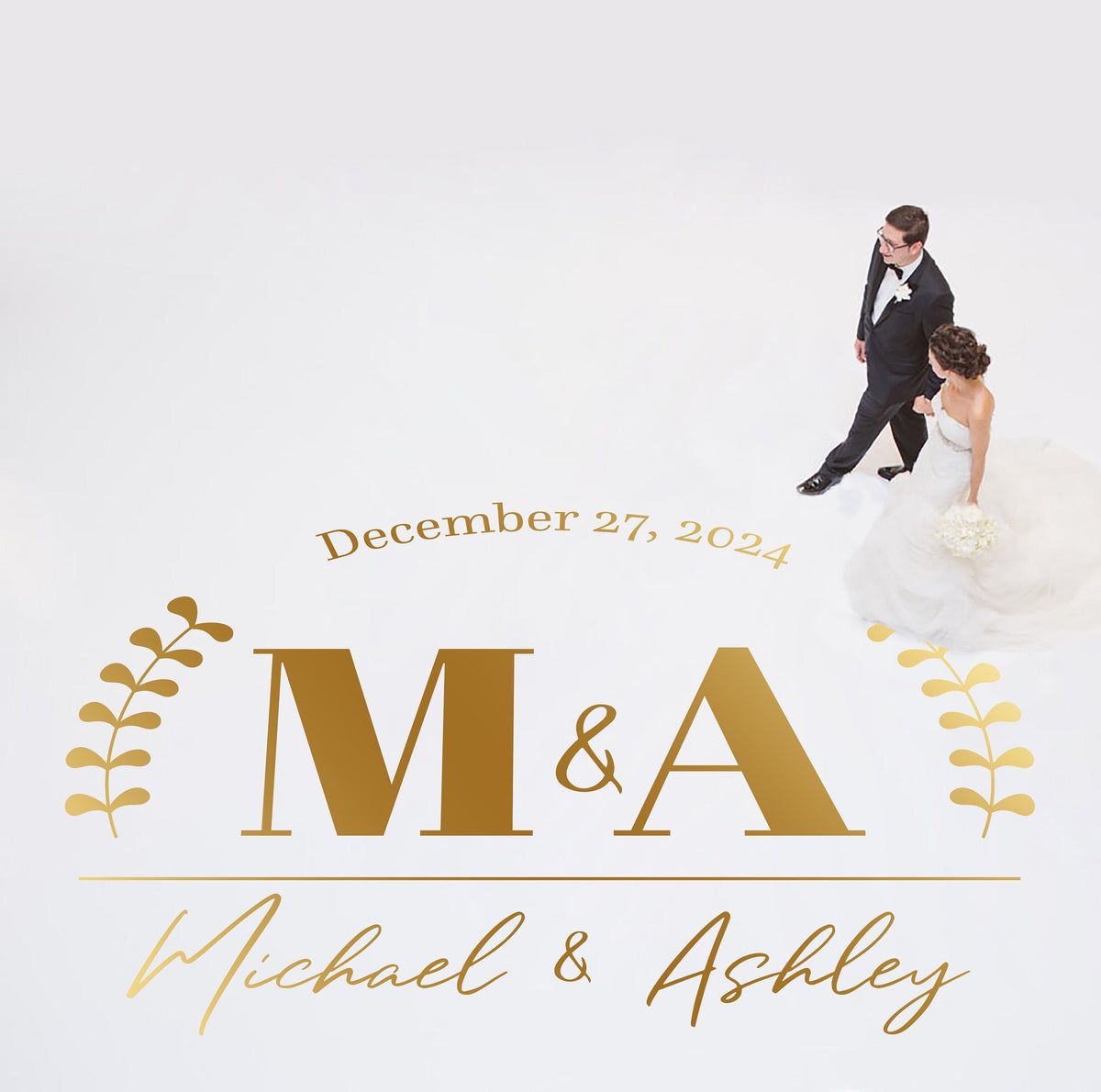 Initials Over Names Dance Floor Decal for Wedding shown at a wedding reception