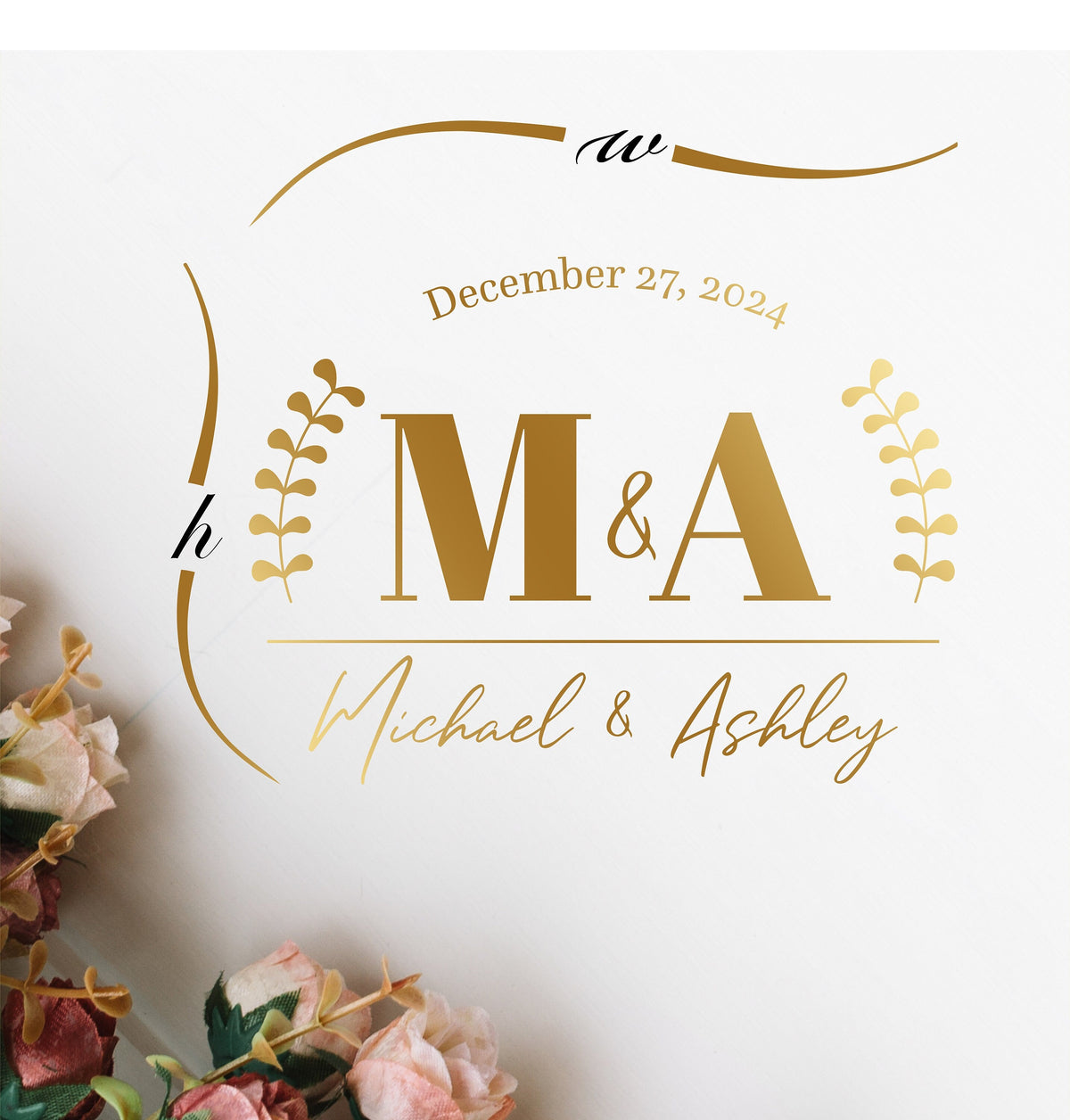 Initials Over Names Dance Floor Decal for Wedding shown at a wedding reception
