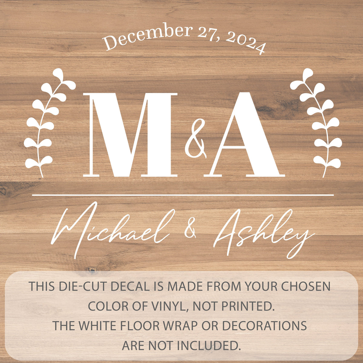 Initials Over Names Dance Floor Decal for Wedding shown at a wedding reception