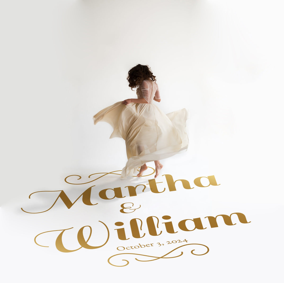 Scroll Flourish Names Dance Floor Decal for Wedding in gold on a white wedding dance floor