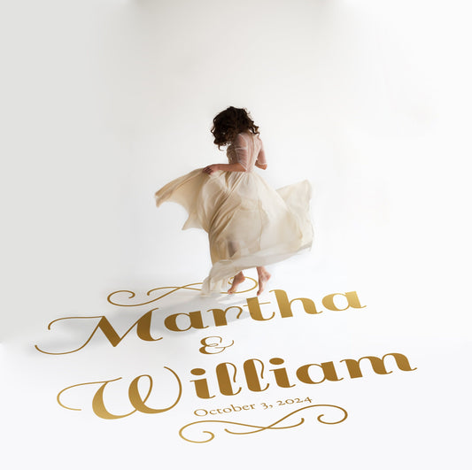Scroll Flourish Names Dance Floor Decal for Wedding in gold on a white wedding dance floor