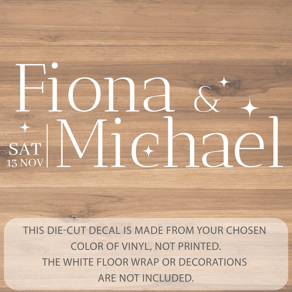 Offset Serif Sparkle Dance Floor Decal for Wedding shown at a wedding reception
