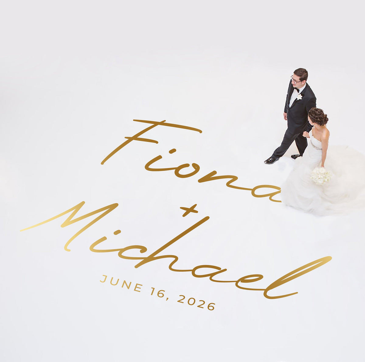 Oversized Script Names Dance Floor Decal for Wedding shown at a wedding reception