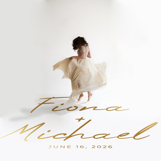 Oversized Script Names Dance Floor Decal for Wedding in gold on a white wedding dance floor