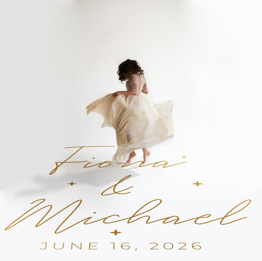 Fine Script Sparkle Dance Floor Decal for Wedding in gold on a white wedding dance floor