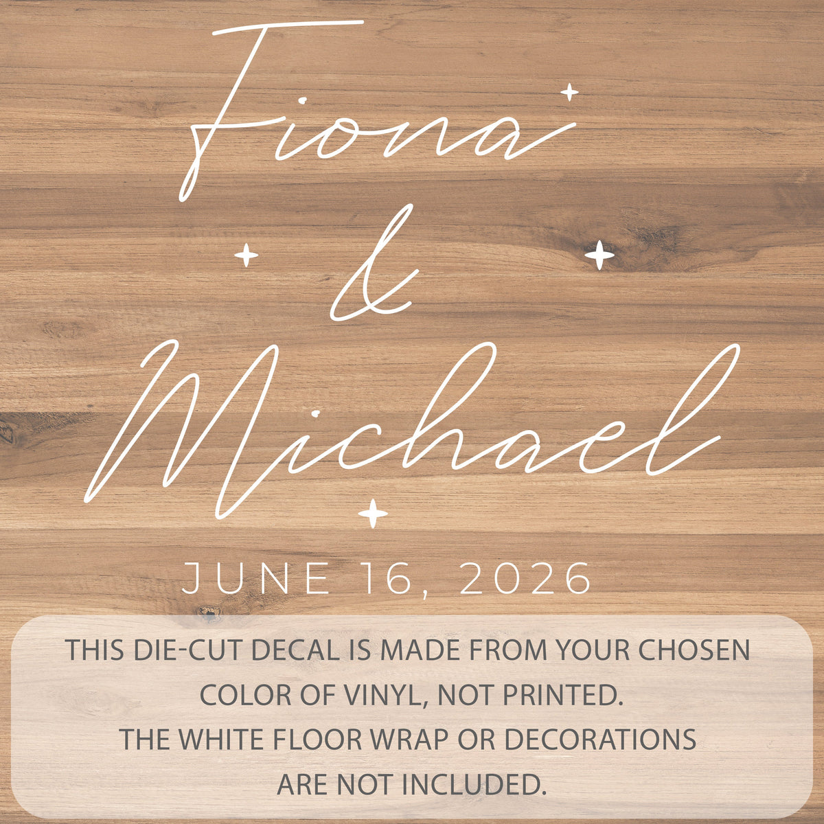 Fine Script Sparkle Dance Floor Decal for Wedding shown at a wedding reception