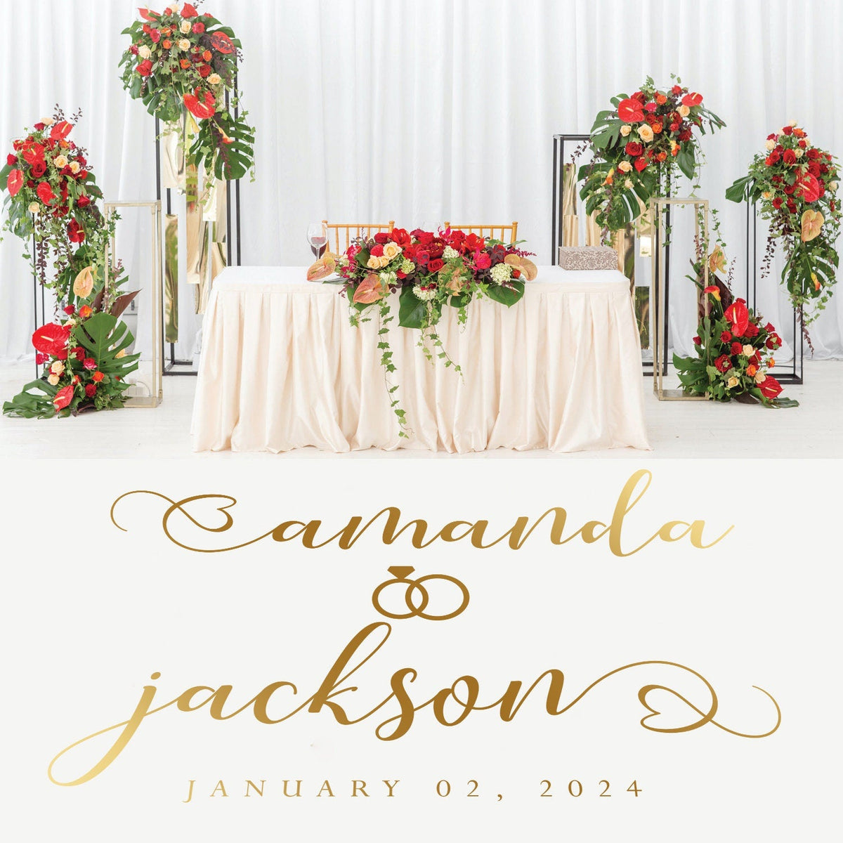 Wedding Rings Script Dance Floor Decal for Wedding shown at a wedding reception