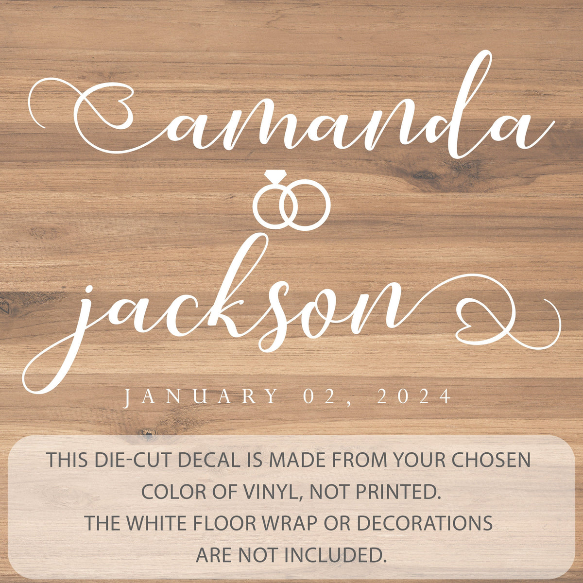 Wedding Rings Script Dance Floor Decal for Wedding shown at a wedding reception