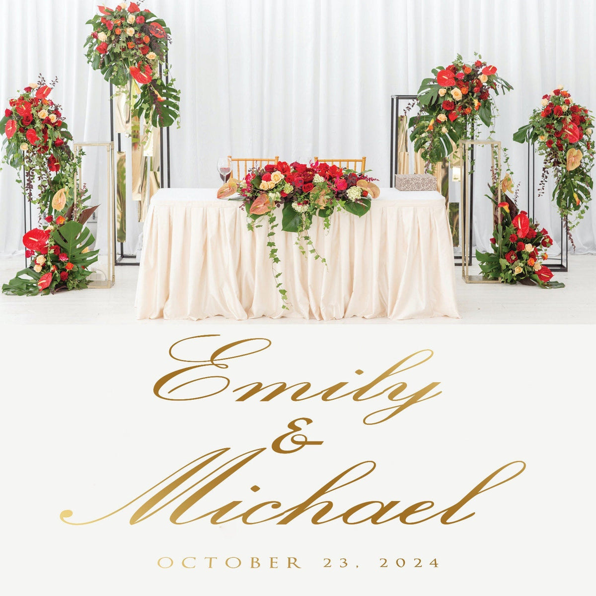 Grand Formal Script Dance Floor Decal for Wedding shown at a wedding reception