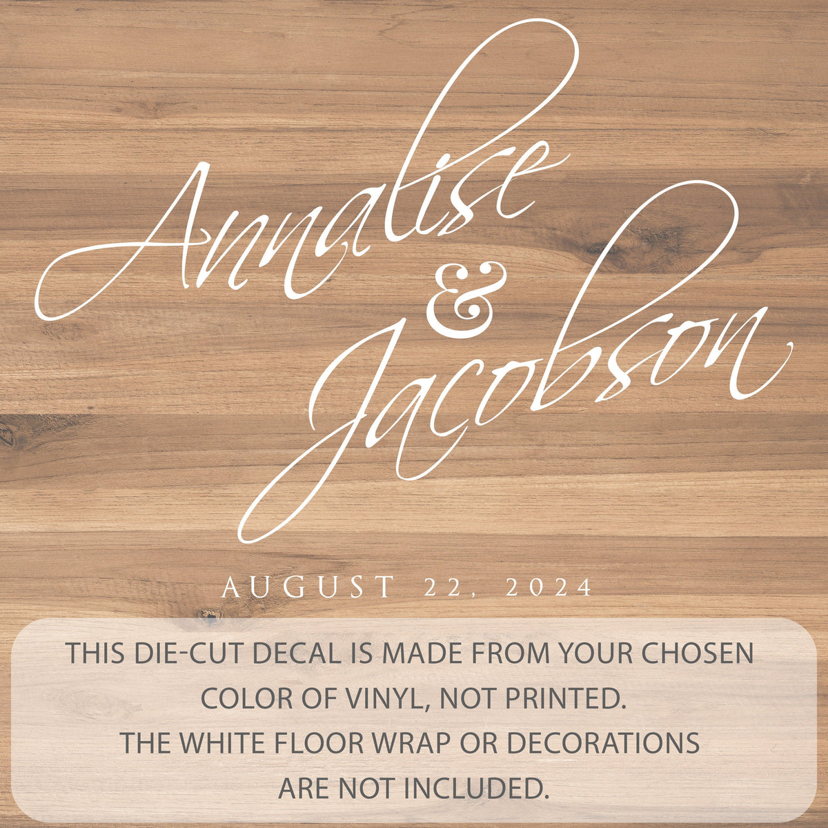 Diagonal Italic Script Dance Floor Decal for Wedding shown at a wedding reception